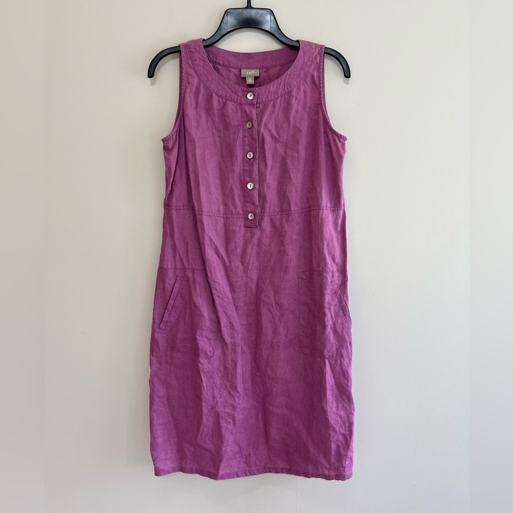 J. Jill 100% Linen Sleeveless Fuchsia Purple Sheath Tunic Button Front Dress, XS